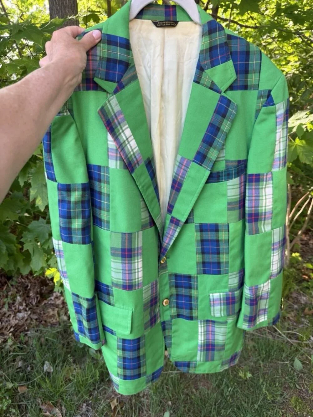 Vintage 80s Green tartan plaid patchwork preppy OLD MONEY tailored blazer 38